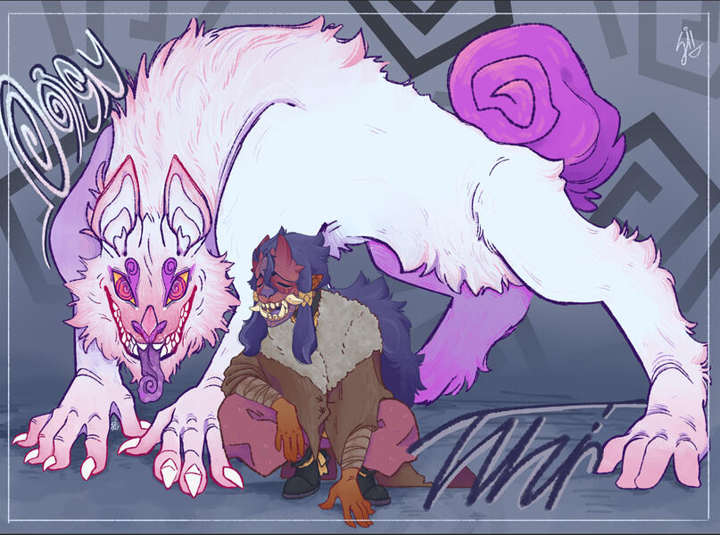 [OC] Tahir (masked Oni) and Daisy (Nectarivore) + Graffiti of their names